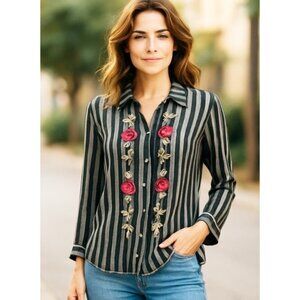 New Aratta Silent Journey Black Striped Embroidered Boho Tunic Blouse Size Small